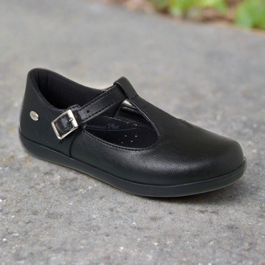 Girls T-Bar black school shoe.
