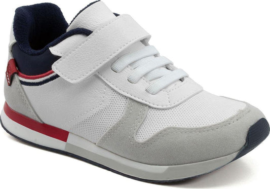 Klin kids white red navy grey sneaker. Velcro strap