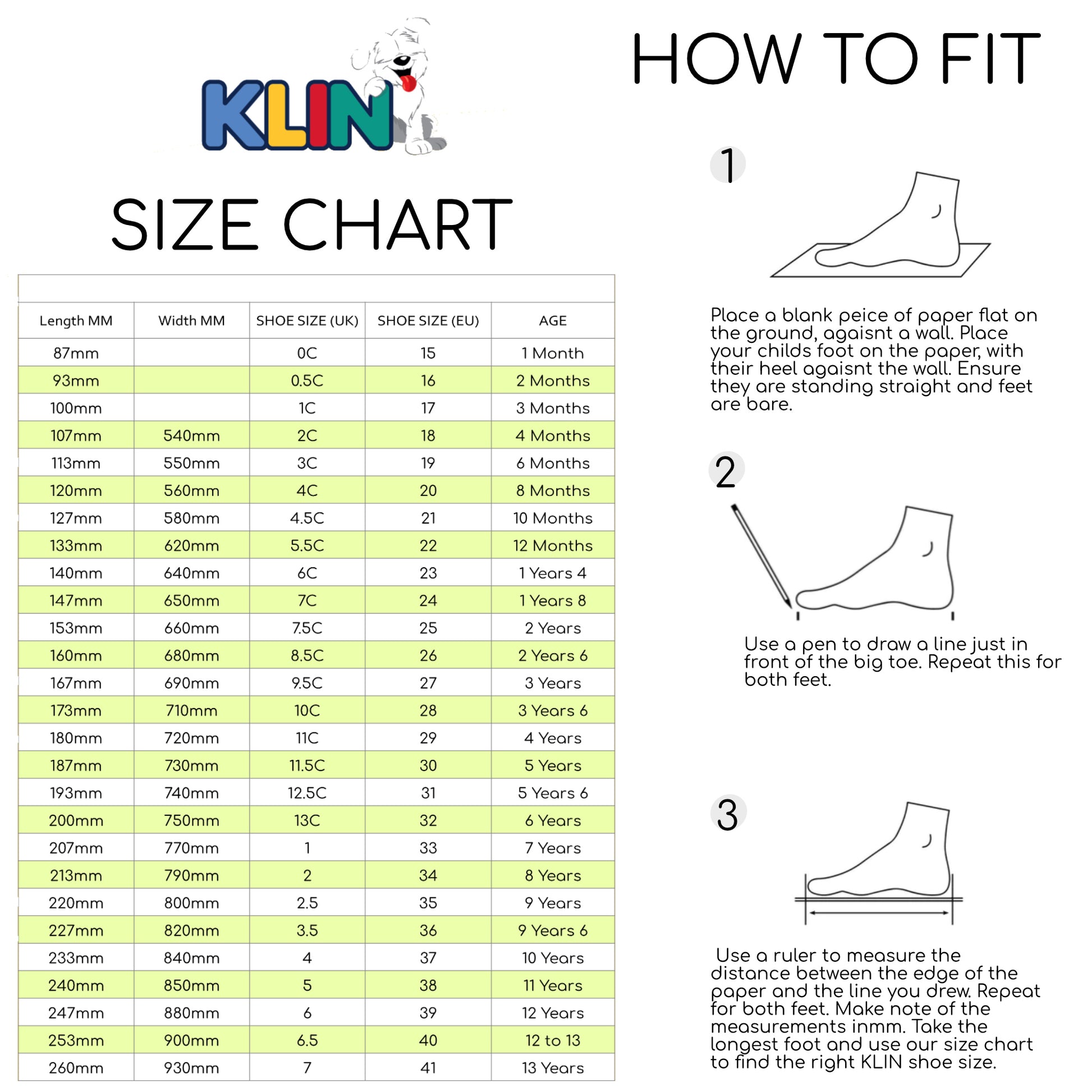 klin kids UK EU comparison size chart with width