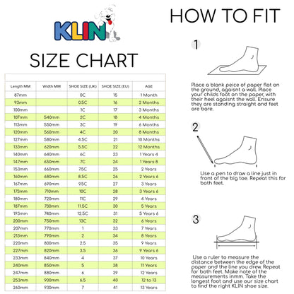 klin kids UK EU comparison size chart with width